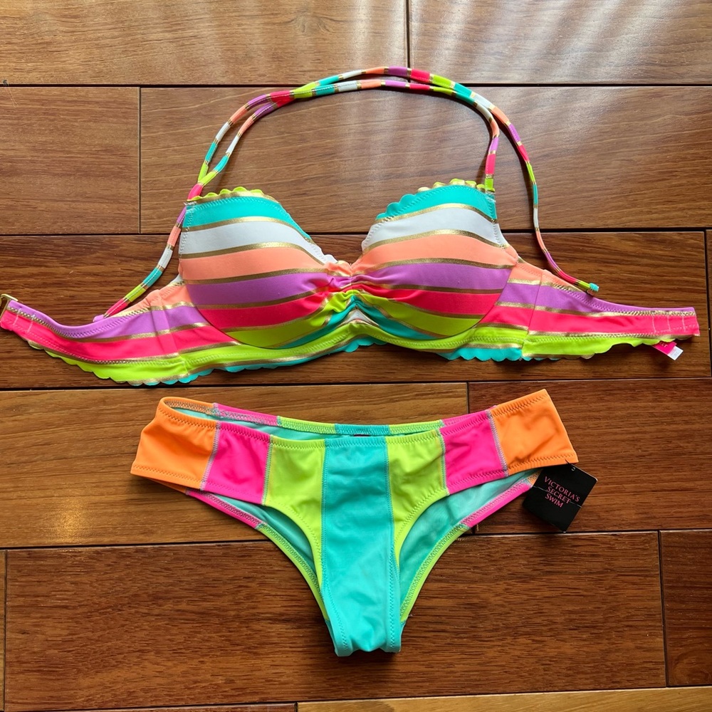 AMAZING Victoria’s Secret Neon Rainbow & Metallic Gold Stripe Bikini 32C XS NWT